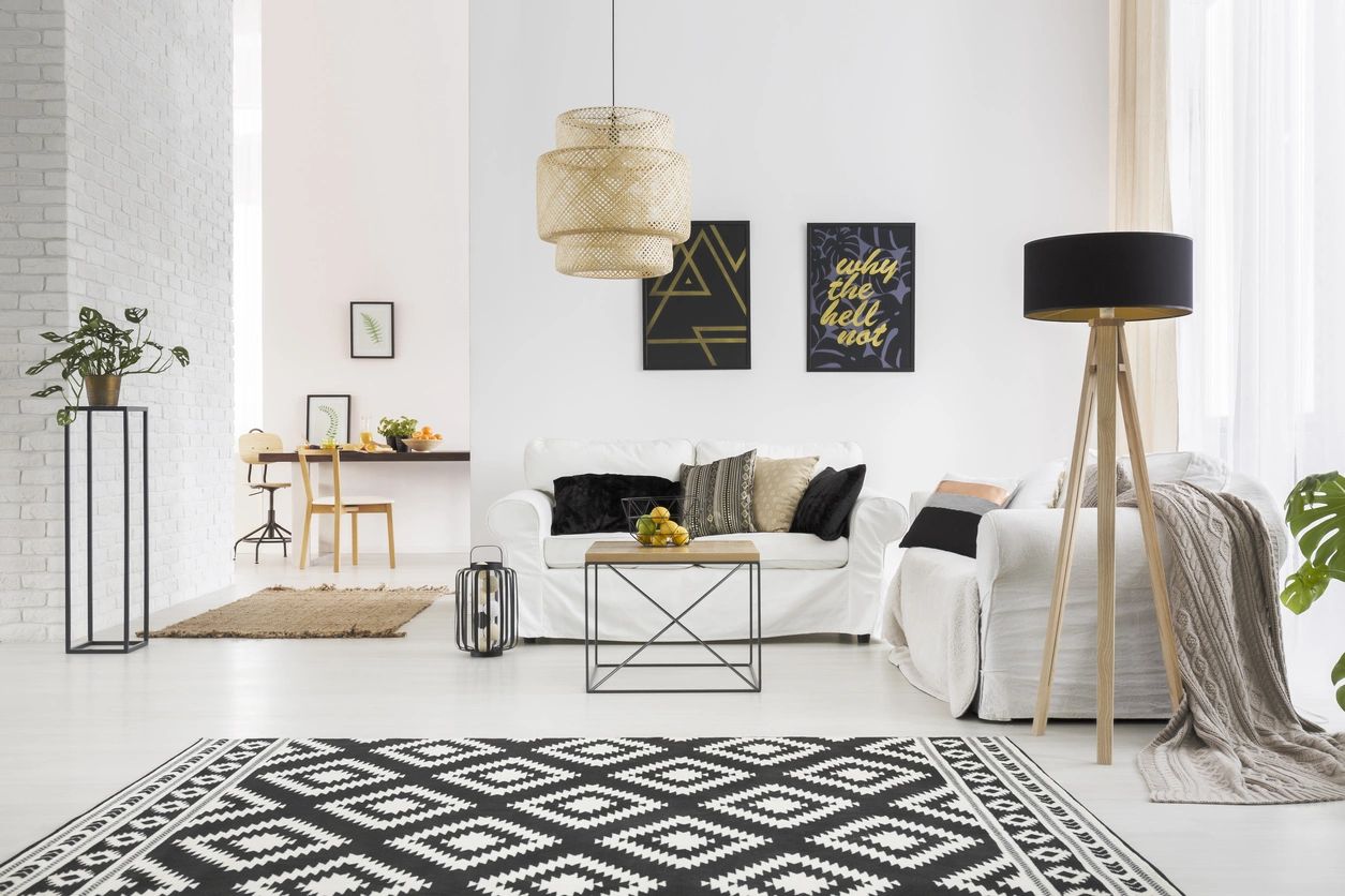Stylish living room with white furniture and geometric rug.